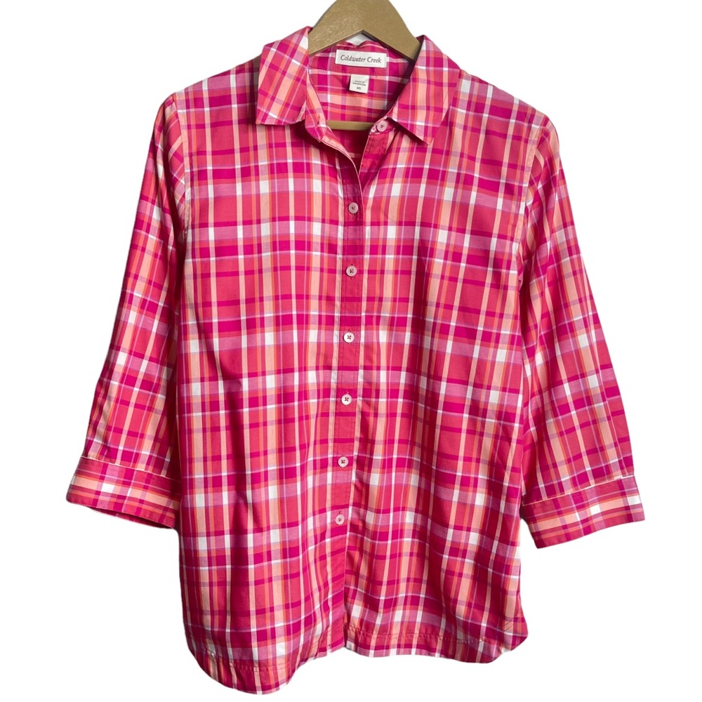 Coldwater Creek Pink Plaid Button Front 3/4 Sleeve Shirt Size XS